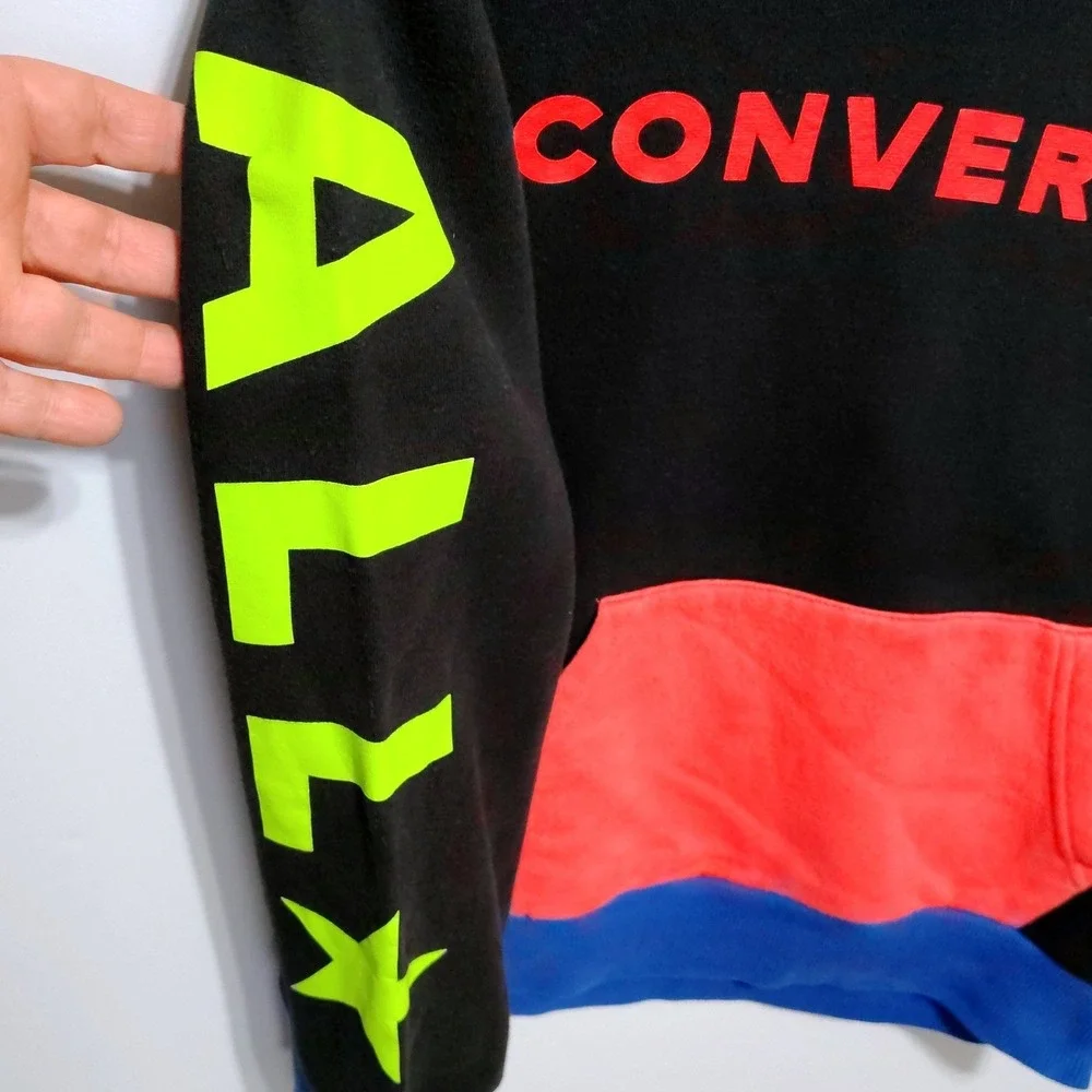 Converse All Star Hoodie Kids Medium Black Neon‎ Logo Pullover Sweatshirt 10-12